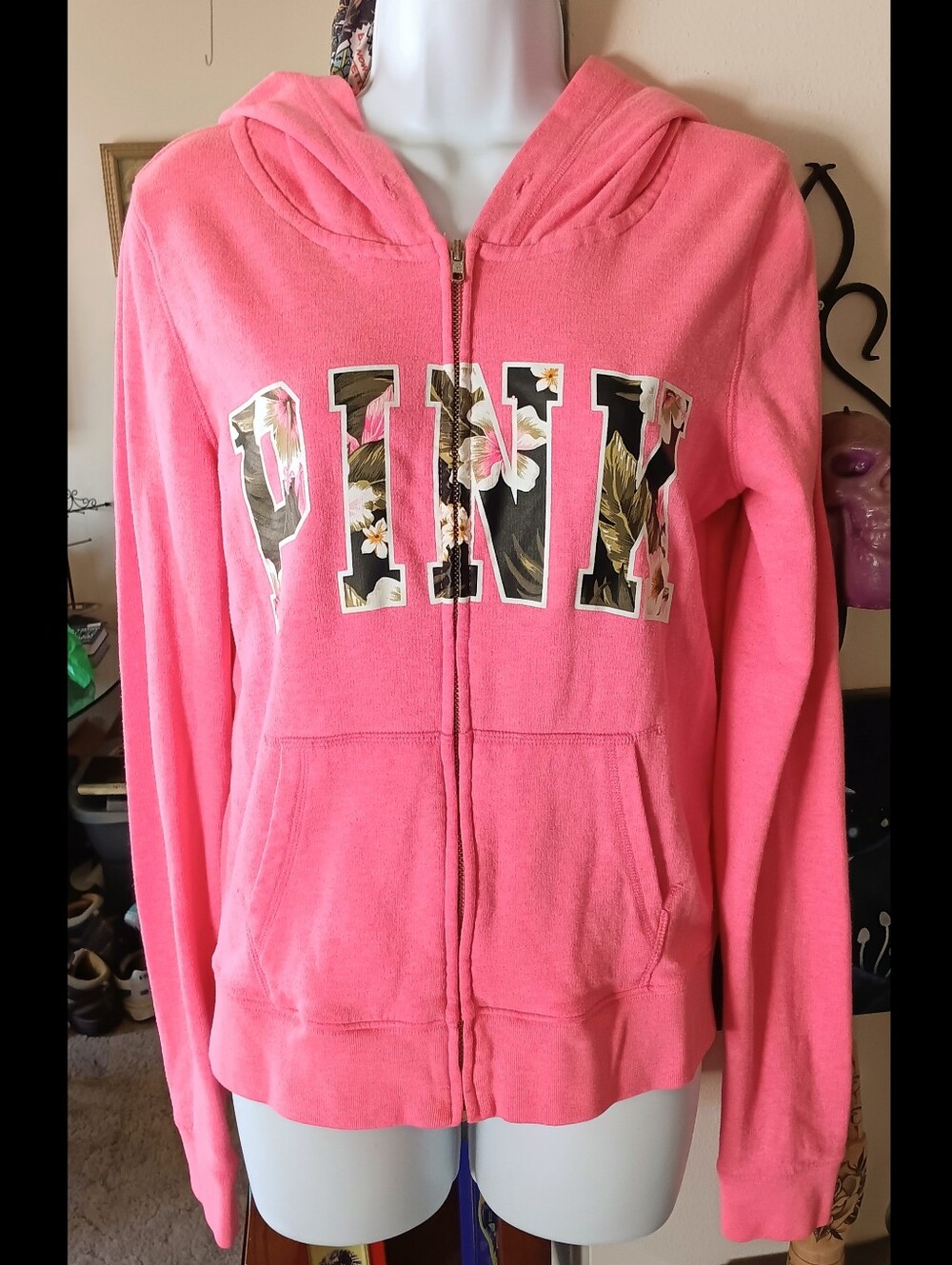 🩷 PINK Victoria's Secret Coral Full Zip Hoodie Medium Neon Floral Womens